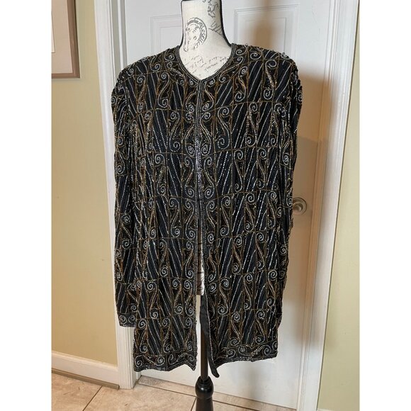 Valarie Stevens Evening black Gold & Silver Beaded Silk Cardigan Vintage 22 - Picture 5 of 15